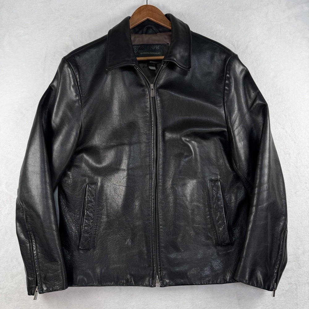 Vintage Banana Republic Leather Jacket Men M Biker Casual Boxy Zip Cuff Y2K 90s